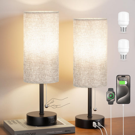 Grey Bedside Lamp for Bedroom Set of 2 - Nightstand Table Lamp with USB A + C Charging Port, 3 Color Temperatures Pull Chain Night Stand Light with Bulb, Side Table Desk Reading Lamp for Living Room - Available at All In One Marketplace Canada