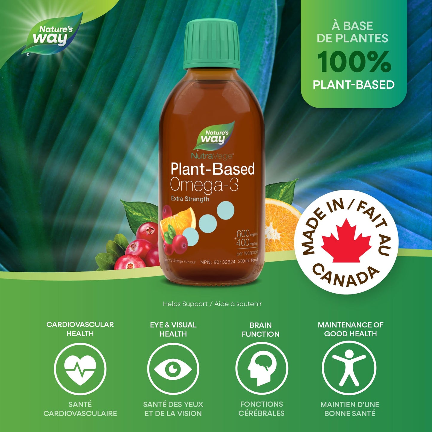 Nature's Way NutraVege Plant-based Omega-3 Extra Strength Vegetarian Liquid Supplement - 1000mg EPA + DHA - Cranberry Orange Flavour – Supports Healthy Heart, Eyes and Brain Function in Adults, 200 mL Nature's Way