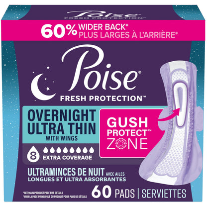 Poise Overnight Ultra Thin Incontinence & Postpartum Pads with Wings for Bladder Leaks, 8 Drop Extra Absorbent, Long Length, 60 Count (3 Packs of 20) 🍁 All In One Marketplace Canada