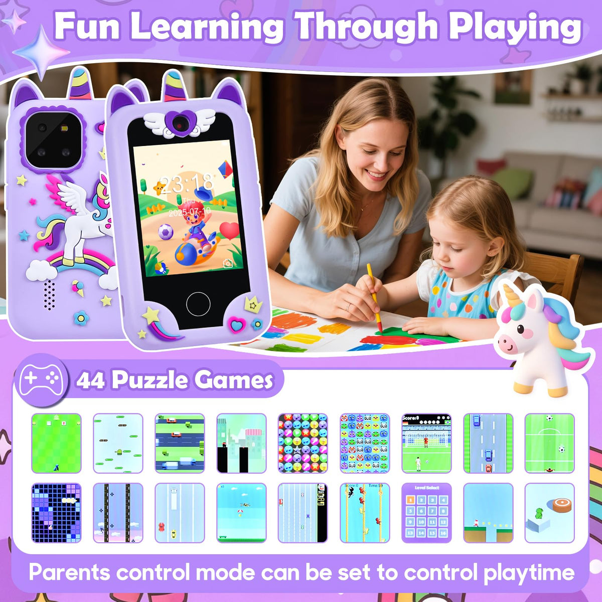 Jusvenmt Upgrade Kids Phone Toy for 3 4 5 6 7 8 Year Old, Christmas & Birthday Gift for Girls Ages 3-10, Touchscreen Toddler Smartphone with 44 Games, Dual Camera, MP3 Player, 32GB Card, Bag Purple 🍁 All In One Marketplace Canada