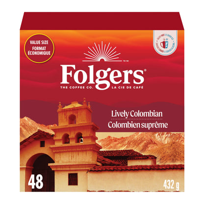 Folgers Lively Colombian Medium Roast Single-Serve Coffee Pods – 48 Count, Arabica Beans for Hot or Iced Coffee