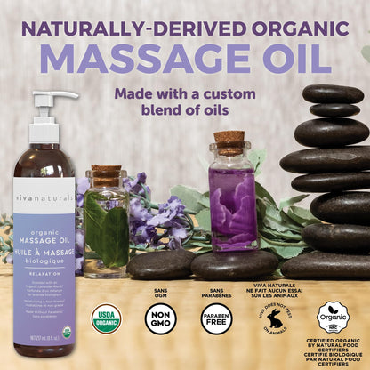 Viva Naturals Organic Massage Oil Scented (8 fl. oz.) - Non-Greasy Relaxation Scented Massage Oil with Mess-Free Pump, Moisturizing Proprietary Lavender Blend Body Oil, Non-GMO and Certified Organic, 237 mL 🍁 All In One Marketplace Canada