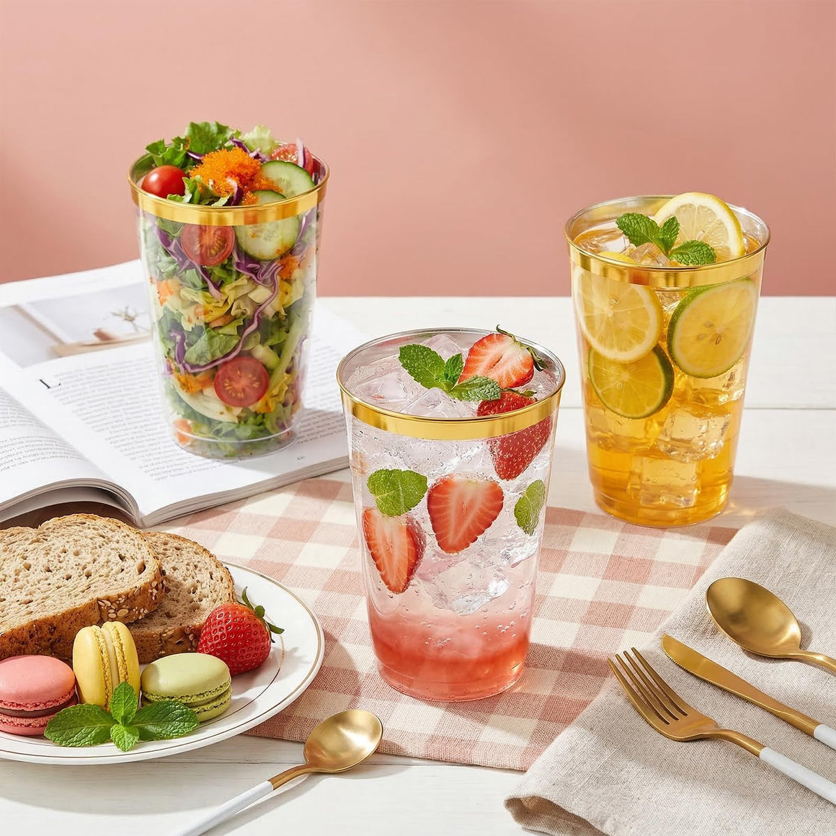 Tebery 100 Pack 12 Oz Gold Plastic Cups, Heavy Duty Clear Wedding Party Tumblers, Reusable BPA-Free Wine Cup with Gold Rim, Cocktail Drinkware for Picnic, BBQ, Camping, Christmas Events 🍁 All In One Marketplace Canada