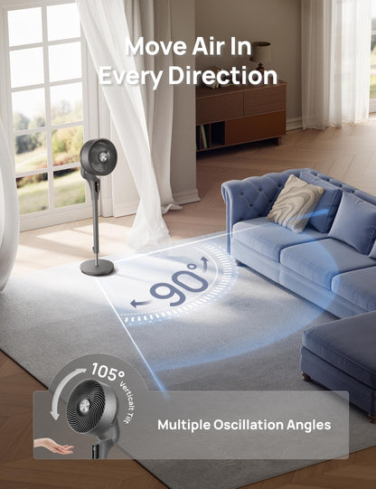 DREO Fan for Bedroom, 90° Oscillating Standing Fan, 20dB Quiet, 90ft Pedestal Fans for Room Office, DC Motor, 8+H Speeds, 3 Modes, 38-42'' Adjustable Height, Remote, 8H Timer, 105° Manual Vertical