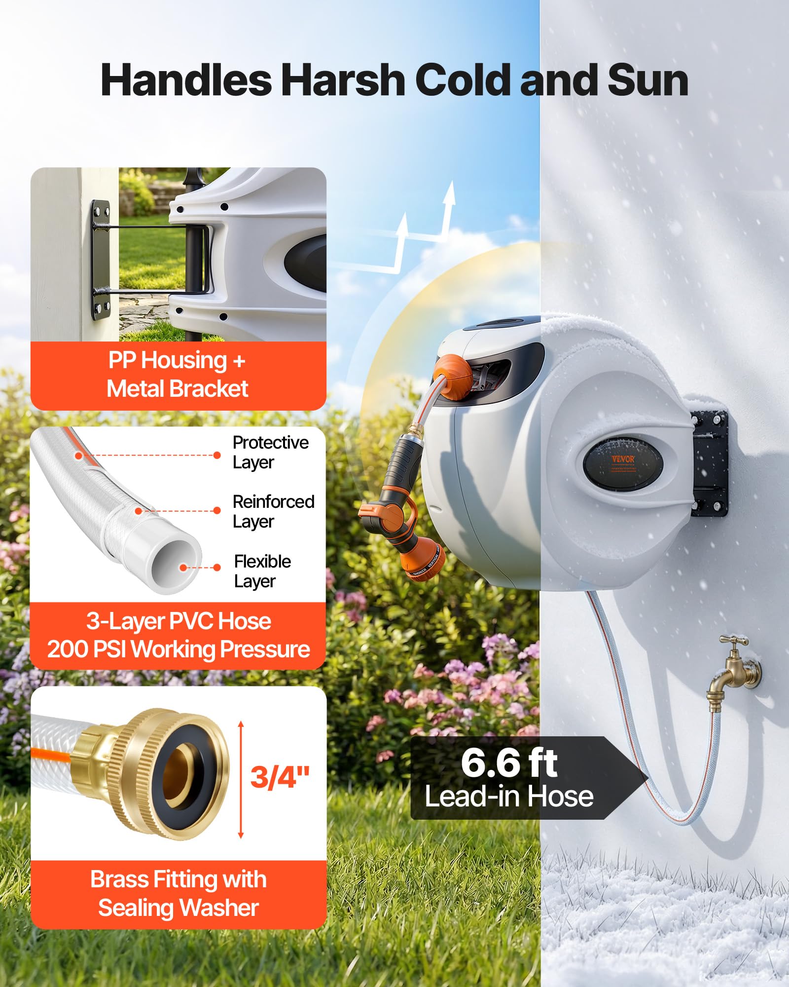 VEVOR Retractable Hose Reel, 115 ft x 1/2 inch, 180° Swivel Bracket Wall-Mounted, Garden Water Hose Reel with 9-Pattern Nozzle, Automatic Rewind, Lock at Any Length, and Slow Return System VEVOR