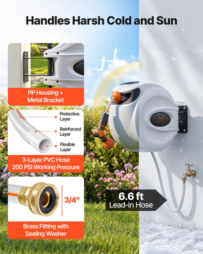 VEVOR Retractable Hose Reel, 115 ft x 1/2 inch, 180° Swivel Bracket Wall-Mounted, Garden Water Hose Reel with 9-Pattern Nozzle, Automatic Rewind, Lock at Any Length, and Slow Return System VEVOR