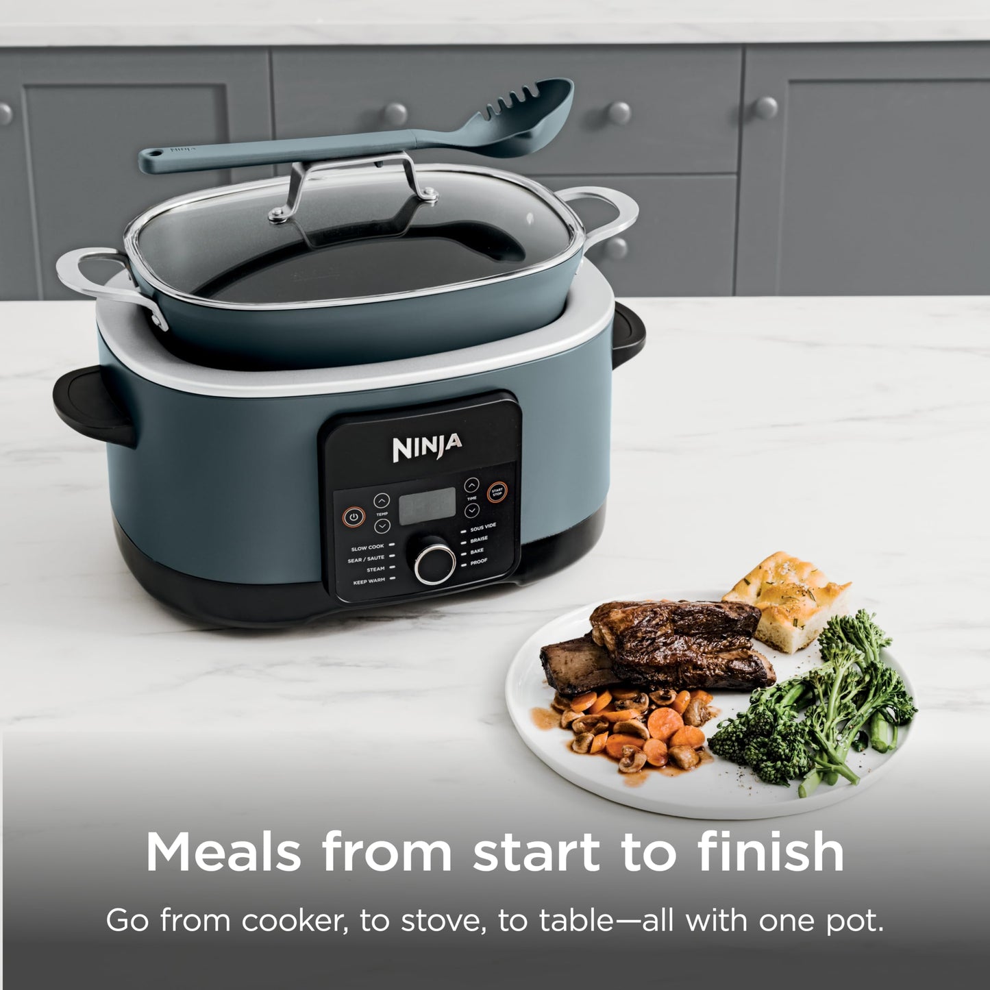 Ninja MC1001C Foodi PossibleCooker PRO 8.5 Quart Multi-Cooker, with 8-in-1 Slow Cooker,Dutch Oven,Steamer &More,Glass Lid & Integrated Spoon,Nonstick,Oven Safe Pot to 500°F,Sea Salt Gray,Sea Salt Grey - Available at All In One Marketplace Canada