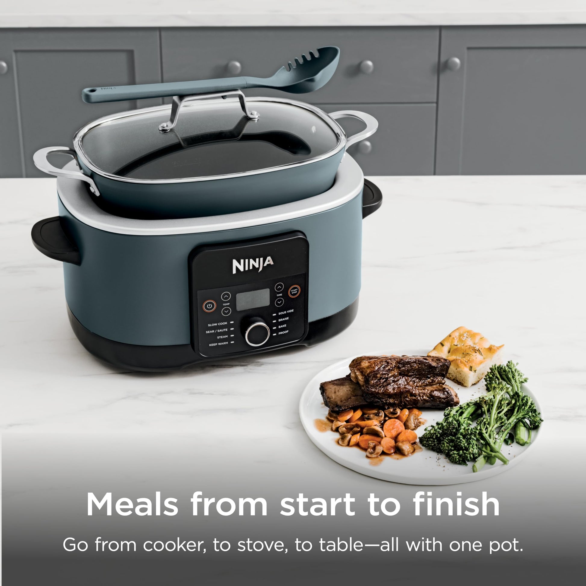 Ninja MC1001C Foodi PossibleCooker PRO 8.5 Quart Multi-Cooker, with 8-in-1 Slow Cooker,Dutch Oven,Steamer &More,Glass Lid & Integrated Spoon,Nonstick,Oven Safe Pot to 500°F,Sea Salt Gray,Sea Salt Grey - Available at All In One Marketplace Canada