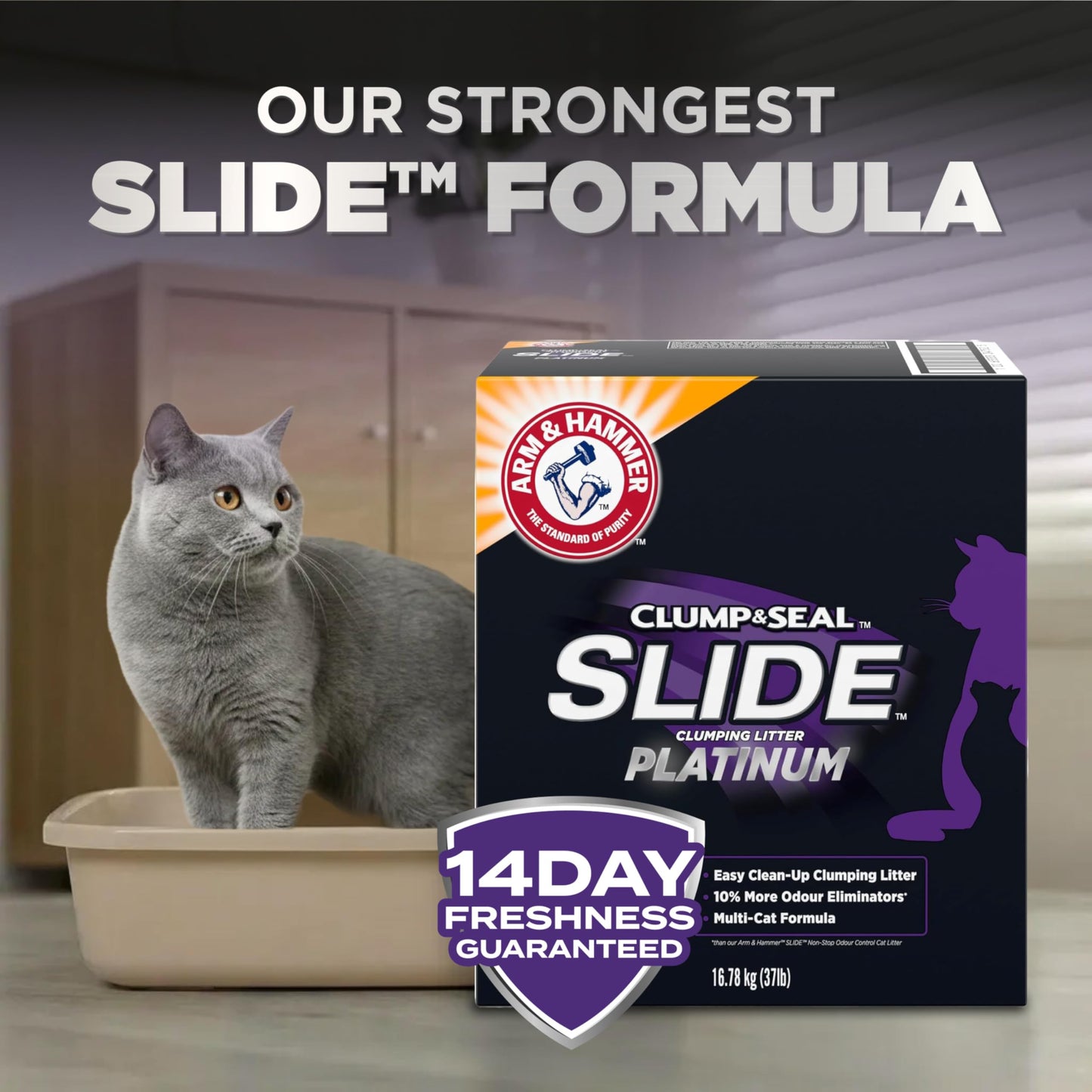 ARM & HAMMER Platinum Clumping Cat Litter, 2x Longer odour Control, Multi-Cat Clay, Ultimate 14-Day Freshness, Extra Oduor Eliminators, Effortless Clean, Dust-Free, Heavy-Duty Clumping, 16.78 kg