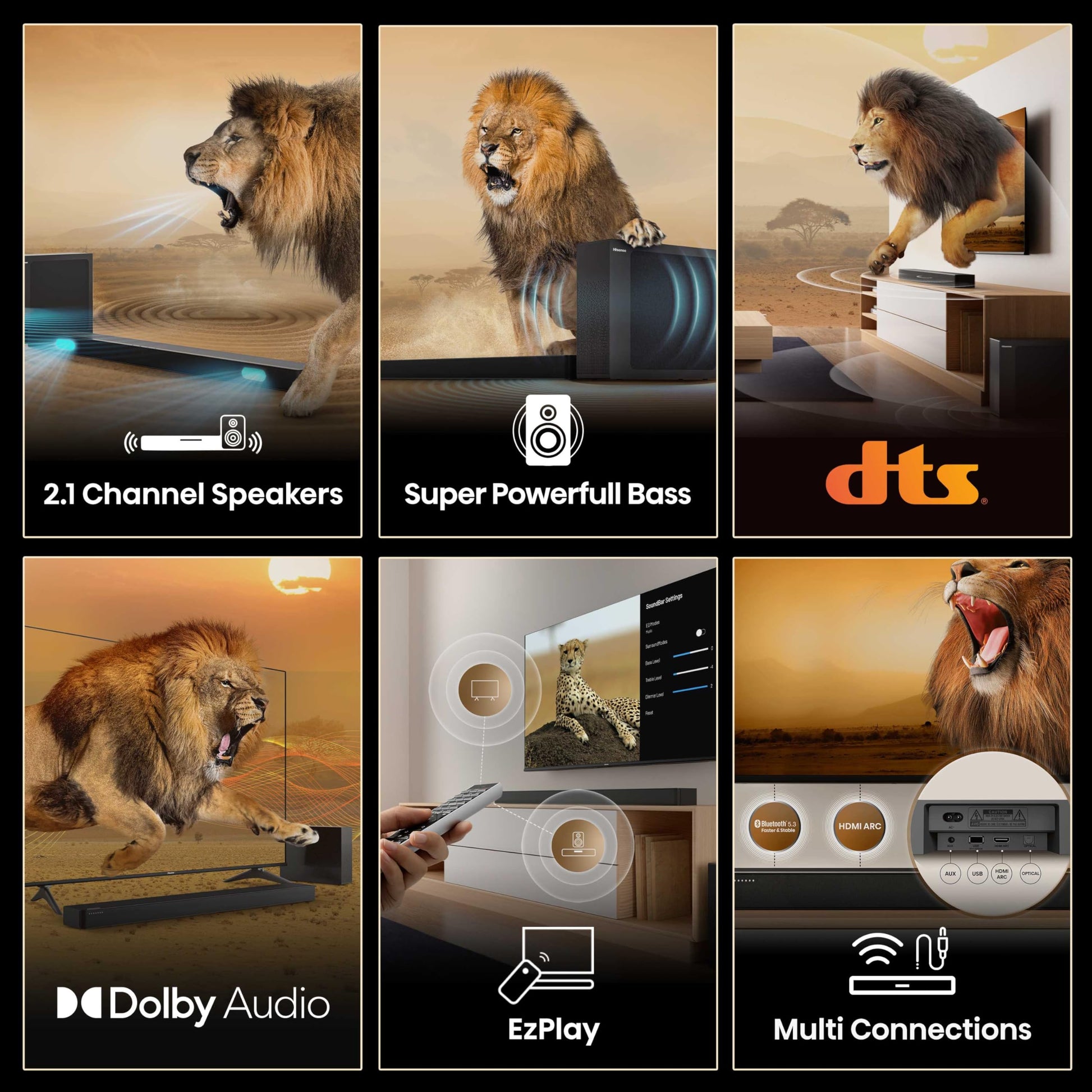 Hisense HS2100 2.1 Channel 240W Soundbar with Wireless Subwoofer, Powered by Dolby Audio, Roku TV Ready, Bluetooth 5.3/HDMI ARC/Optical/AUX/USB, 6 Tailored Sound Modes Hisense