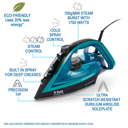 T-Fal Ultraglide Steam Iron for Clothes Durilium Soleplate, Precision Tip, Anti-Drip, Auto-Off 1800 Watts Ironing, Steaming - Available at All In One Marketplace Canada