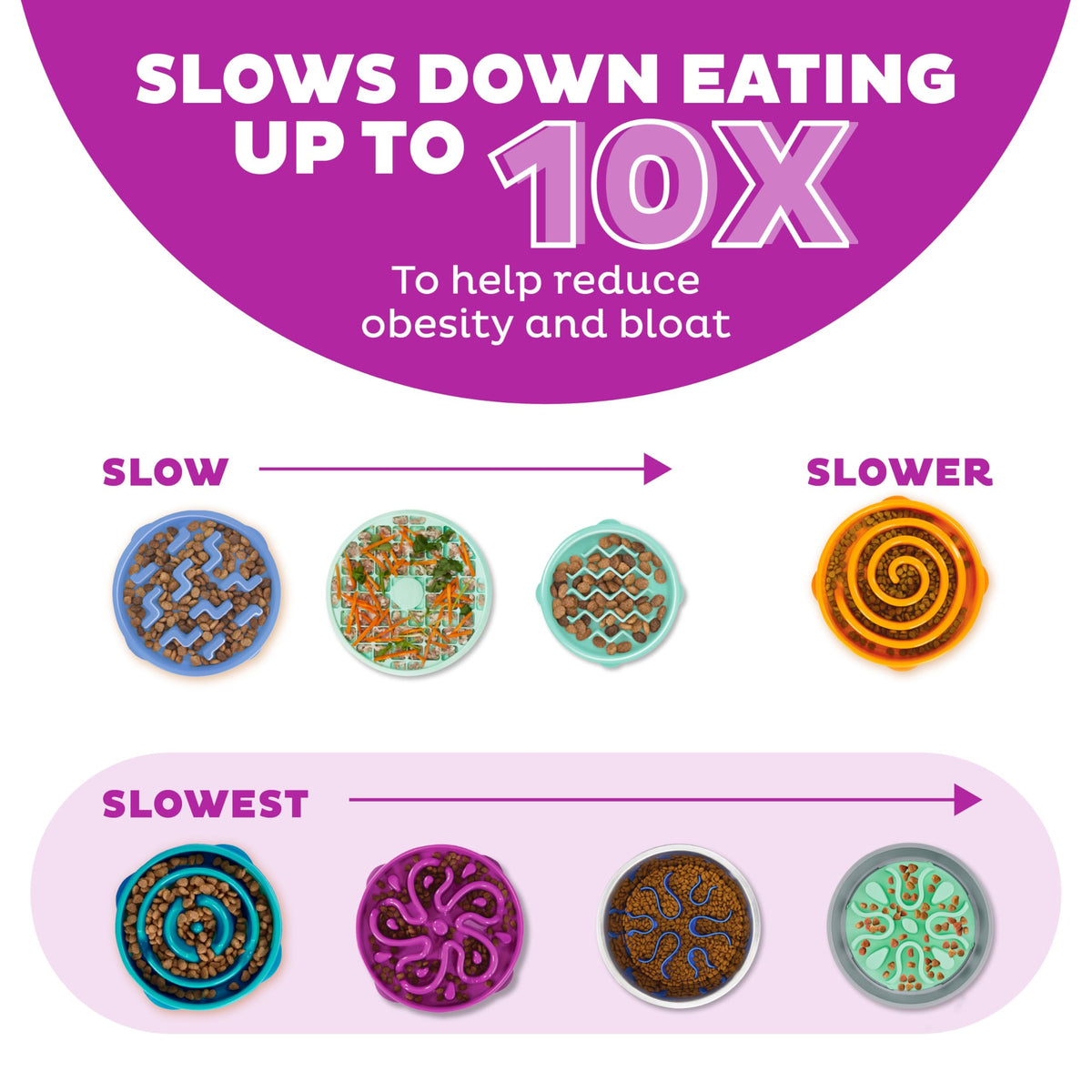Fun Feeder Slo Bowl – Large 4‑Cup Capacity, Slow Feeding, Medium to Large Dogs, Non‑Slip, Purple, Flower Pattern