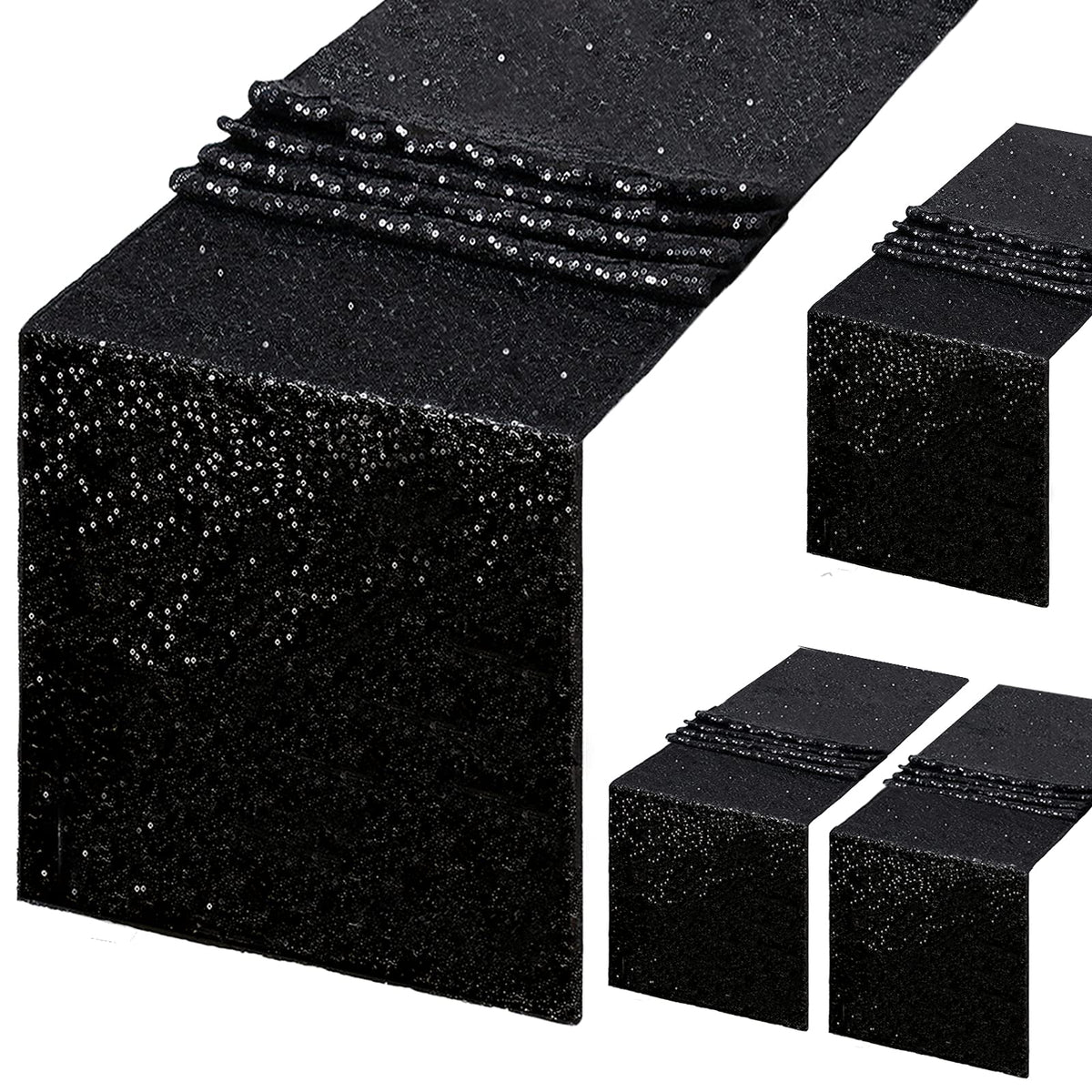 B-COOL Black Sequin Table Runner 4 Pack 12x72Inch Glitter Halloween Decoration Sparkly Black Table Fabric for Graduation Holiday Birthday Outdoor Dining Party Decoration