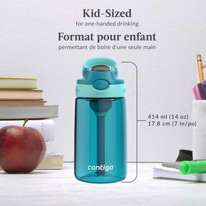 Contigo Kids Aubrey Straw Water Bottle with Leak-Proof Lid, BPA-Free Plastic, Dishwasher Safe, Juniper Jade Vine, 14 oz (414 mL)
