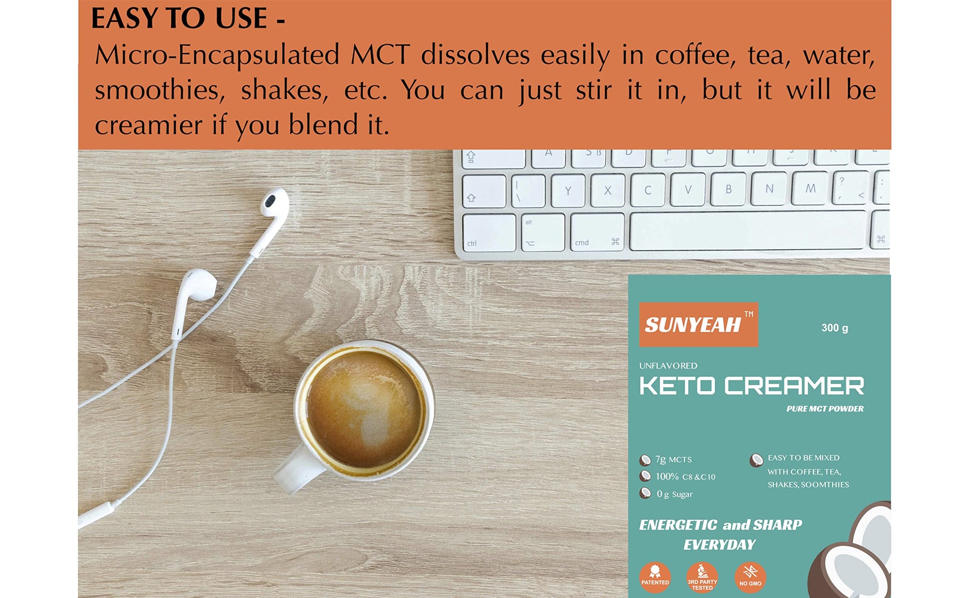 SUNYEAH MCT Oil Powder – C8 C10 Coconut-Based Creamer, 300g, 70% MCT Content, Keto & Paleo Friendly, Unflavored, Non-GMO