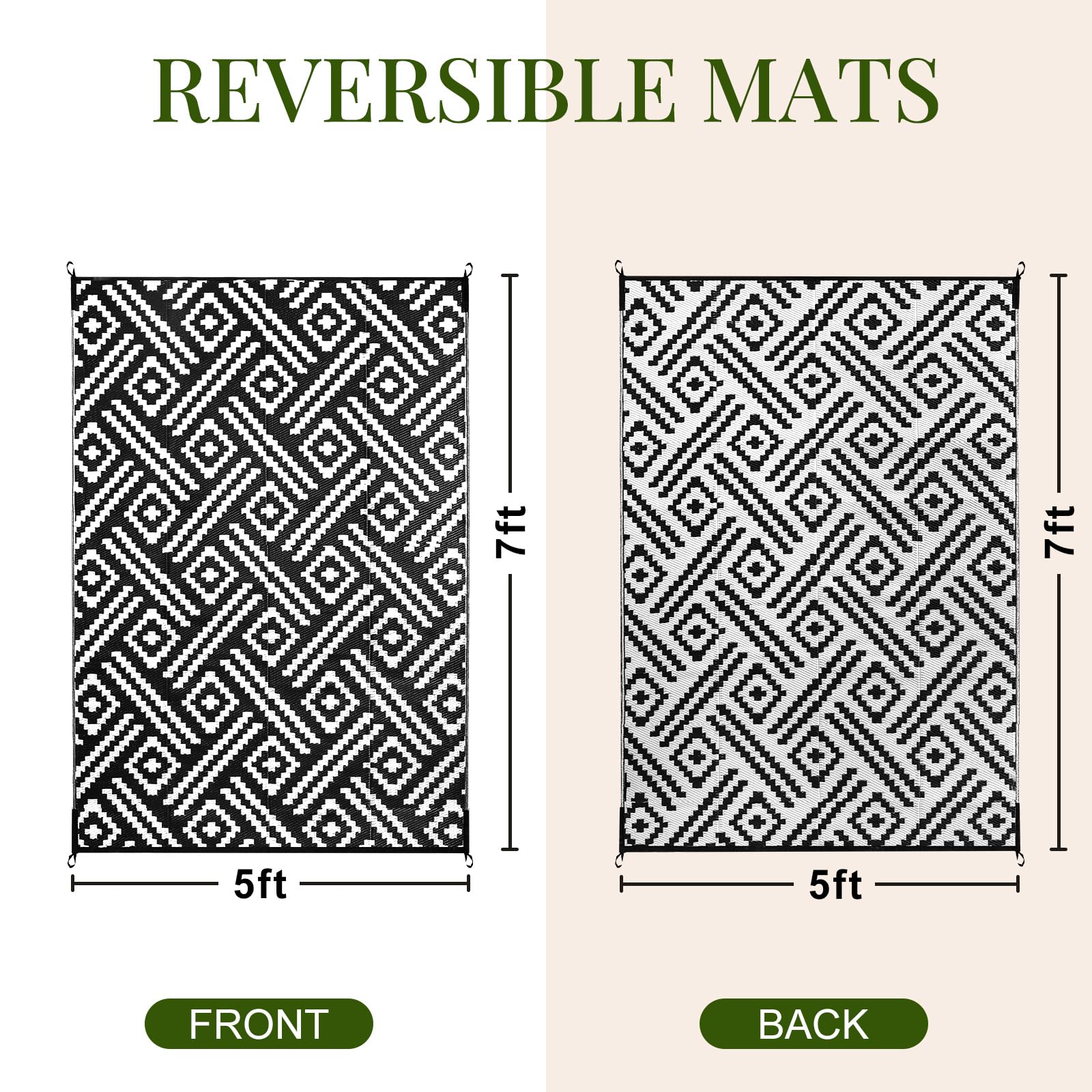 OPPODREAM Outdoor Rug 5x7 Ft, Waterproof Outdoor Plastic Straw Rug for Patio, Reversible Out Door Carpet for Camping, Deck, Rv, 5 x 7 Area Carpet Balcony, Porch, Backyard, Black and White