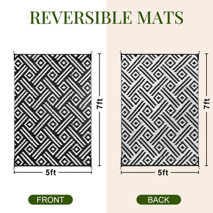OPPODREAM Outdoor Rug 5x7 Ft, Waterproof Outdoor Plastic Straw Rug for Patio, Reversible Out Door Carpet for Camping, Deck, Rv, 5 x 7 Area Carpet Balcony, Porch, Backyard, Black and White