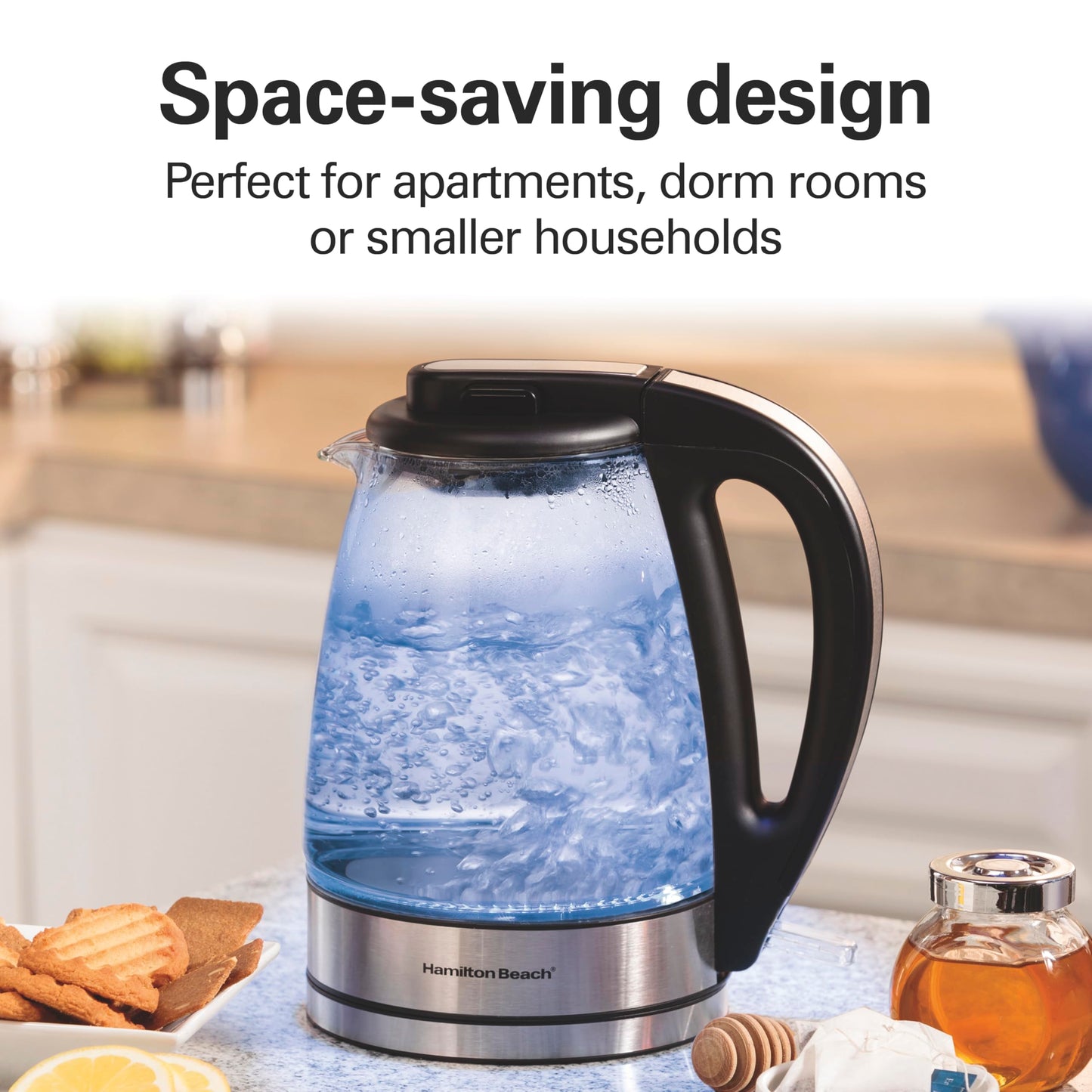Hamilton Beach Glass Electric Kettle, 1 L, 1500W Fast Boiling Water Boiler, Cordless, Soft Blue LED Light, Auto Shutoff & Boil-Dry Protection, BPA-Free, Compact Size (40930JC)
