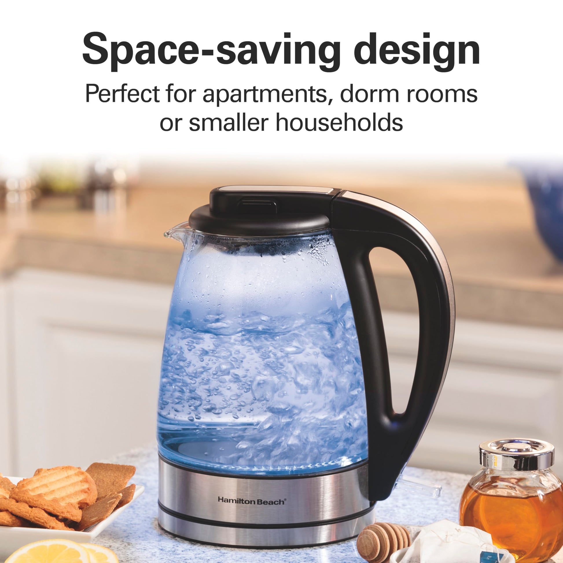 Hamilton Beach Glass Electric Kettle, 1 L, 1500W Fast Boiling Water Boiler, Cordless, Soft Blue LED Light, Auto Shutoff & Boil-Dry Protection, BPA-Free, Compact Size (40930JC)