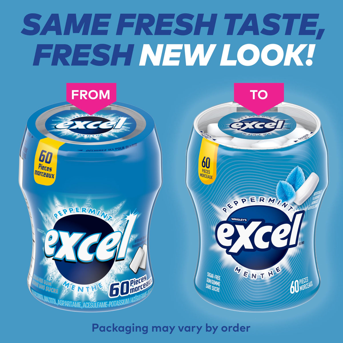 EXCEL, Peppermint Flavoured Sugar Free Chewing Gum, 60 Pieces, 6 Bottles