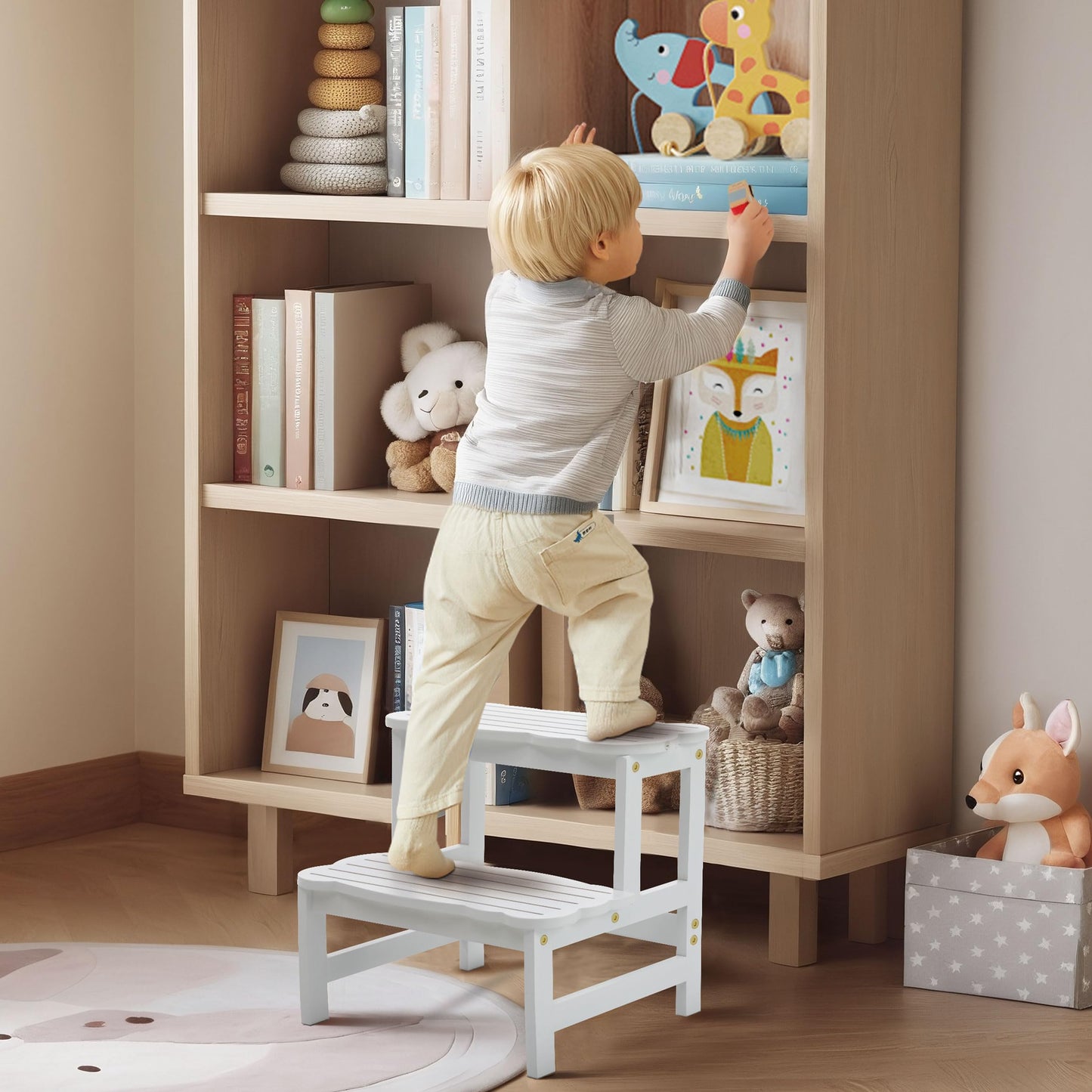 COSYLAND Bamboo Step Stool, Two Step Stools Toddler 300 lbs Capacity with Safety Non-Slip Pads, Bamboo Step Stool for Bathroom, Kitchen Dual Height Step Stools for Kids (White) 🍁 All In One Marketplace Canada