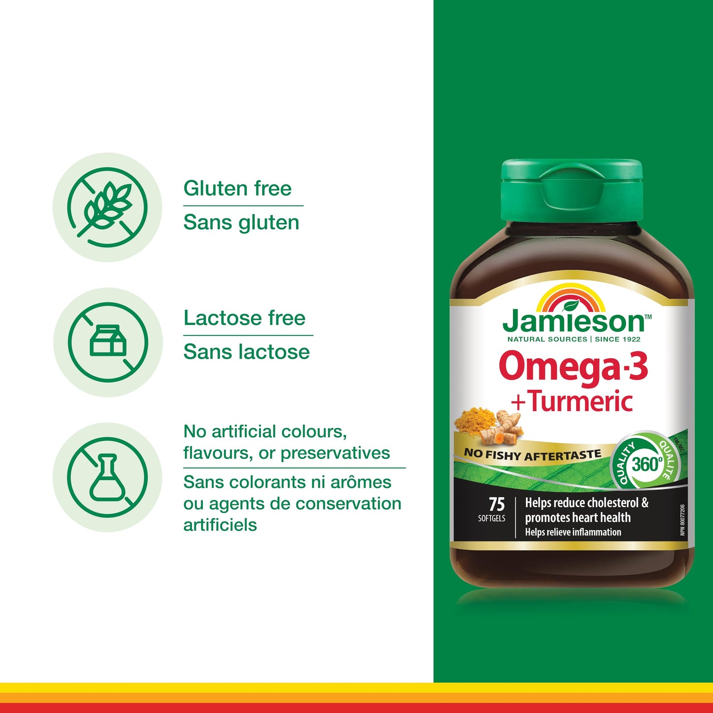 Jamieson Omega-3 + Turmeric Softgels, No Fishy Aftertaste, Supports Heart, Brain, and Joint Health. Fish Oil, Reduces Cholesterol and Inflammation, with EPA and DHA, Gluten-Free, 75 Count, Proudly Canadian - Available at All In One Marketplace Canada