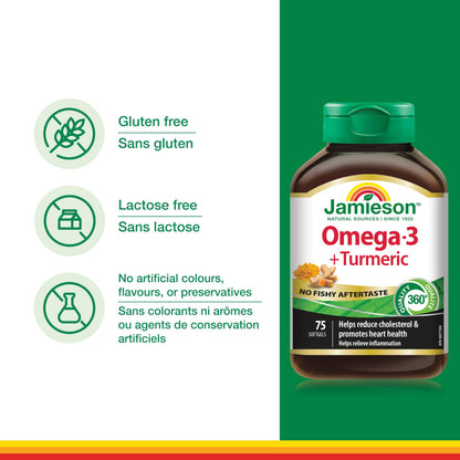 Jamieson Omega-3 + Turmeric Softgels, No Fishy Aftertaste, Supports Heart, Brain, and Joint Health. Fish Oil, Reduces Cholesterol and Inflammation, with EPA and DHA, Gluten-Free, 75 Count, Proudly Canadian - Available at All In One Marketplace Canada