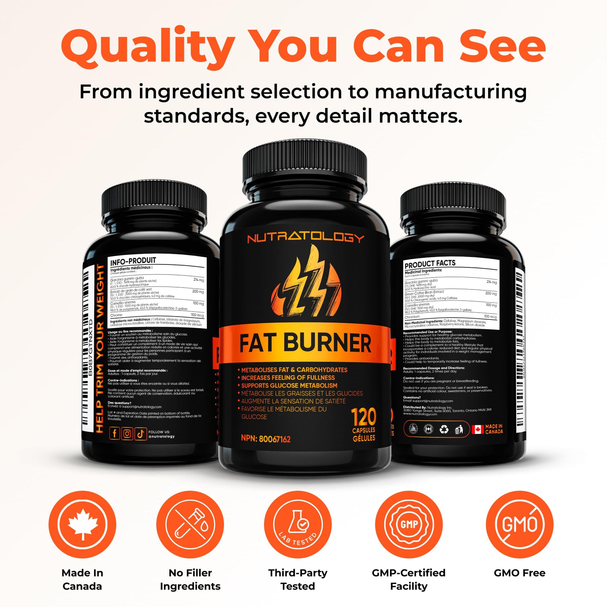Nutratology® Thermogenic Fat Burner | Canadian-Made | Metabolizes Carbohydrates & Fats - Appetite Suppressant That Helps Satiety - Weight Loss Pills for Women & Men - Keto-Friendly - 120 Capsules