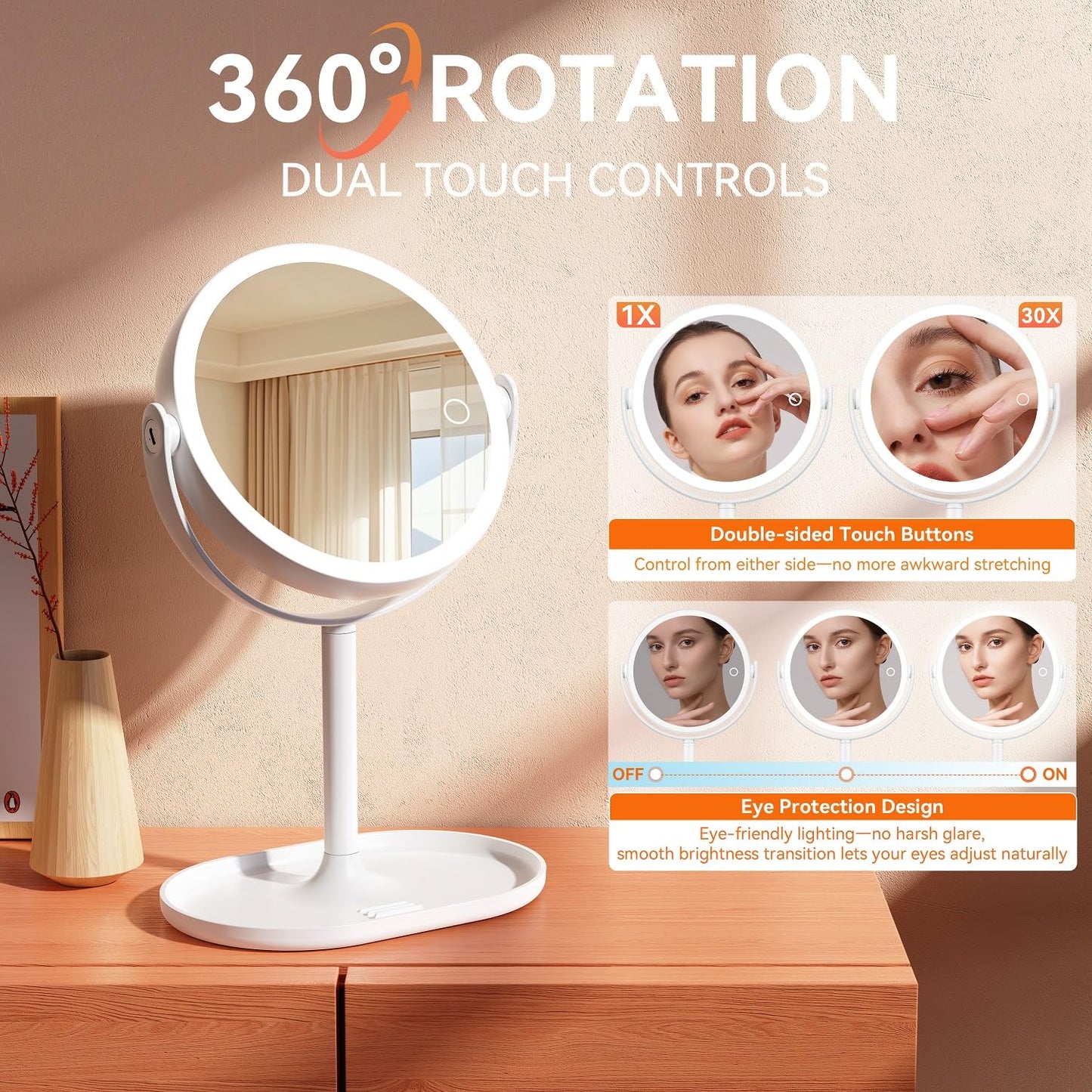 Auxmir 30X/1X Magnifying Mirror with Light, Double-Sided Makeup Mirror with Storage Base&Touch Control, Rechargeable Vanity Mirror with 360°Rotation for Dressing Table Bathroom Bedroom Travel - Available at All In One Marketplace Canada