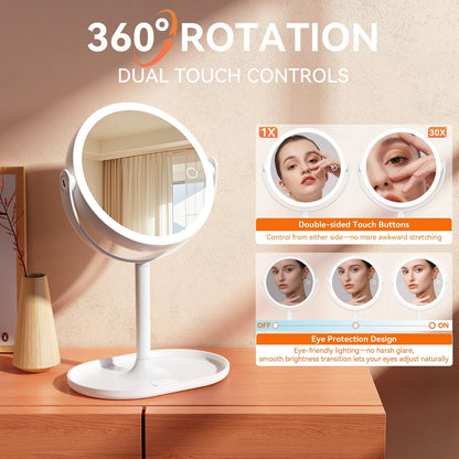 Auxmir 30X/1X Magnifying Mirror with Light, Double-Sided Makeup Mirror with Storage Base&Touch Control, Rechargeable Vanity Mirror with 360°Rotation for Dressing Table Bathroom Bedroom Travel - Available at All In One Marketplace Canada