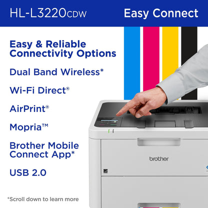 Brother Color Laser Printer with Wireless Printing Fast 19 PPM Output, Duplex Feature, Mobile Device Compatible, 250-Sheet Paper Tray for Professional Home Office Printing (HL-L3220CDW) Brother