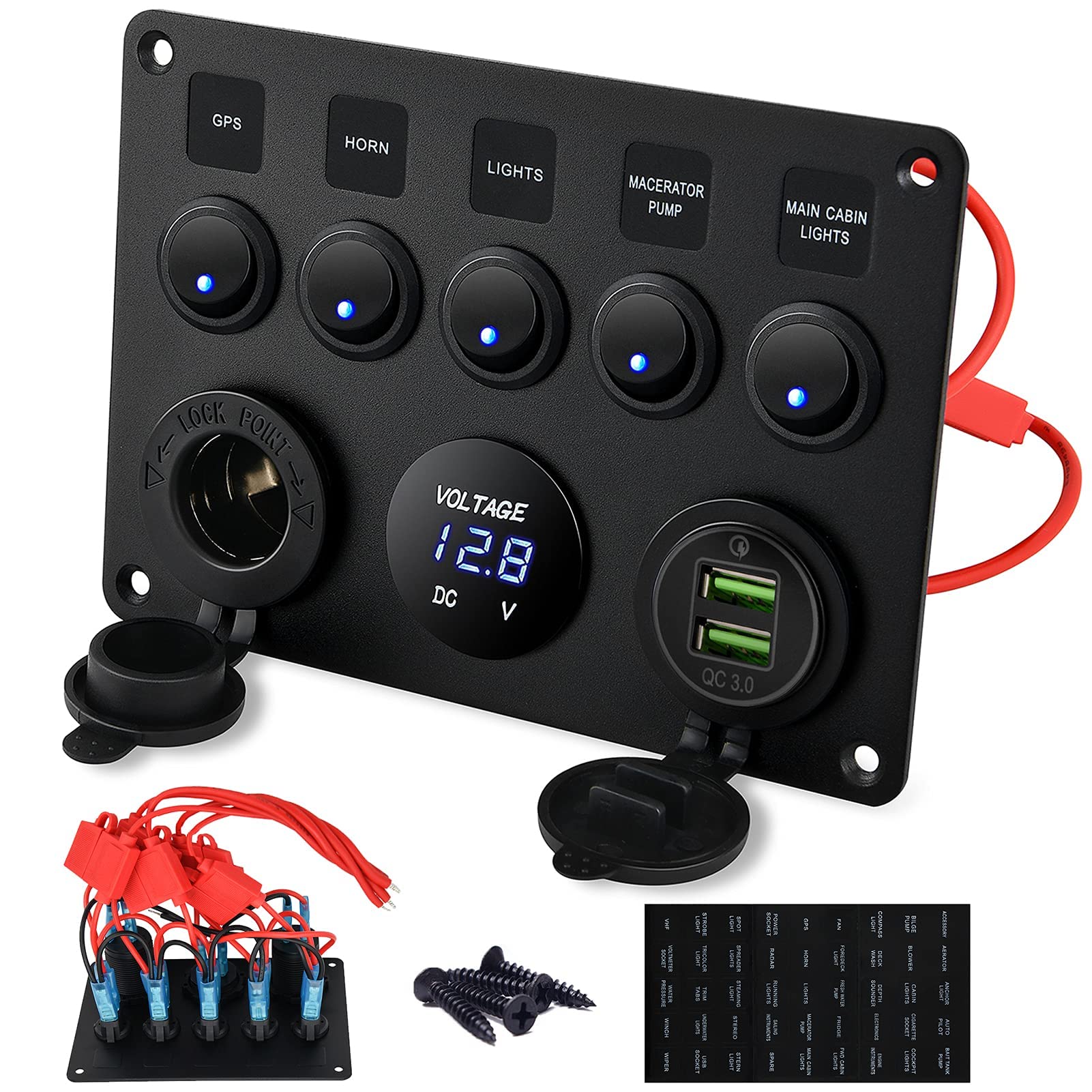 Kohree 5 Gang 12V Switch Panel, Rocker Switch Panel with Touch Switch Kohree