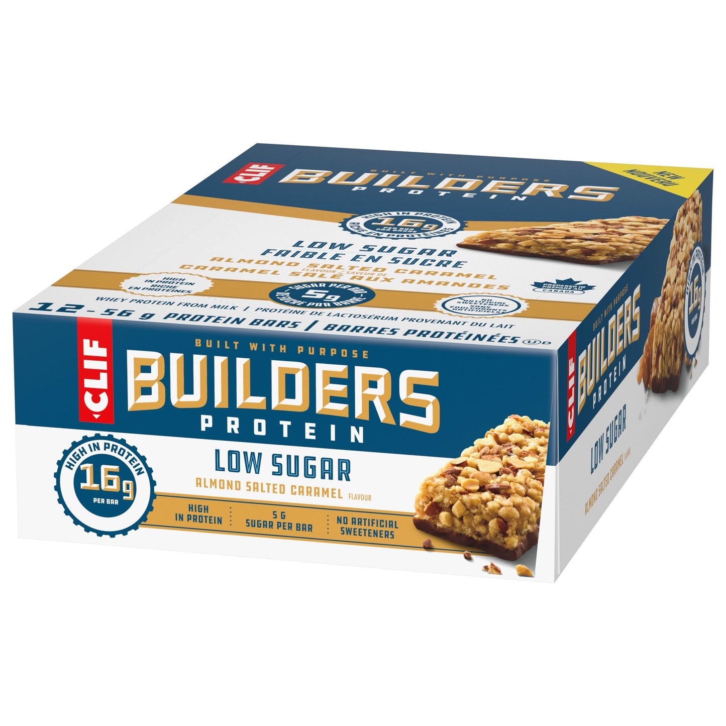 CLIF BUILDERS Low Sugar Protein Bars – Almond Salted Caramel, 12-Pack (56g each)