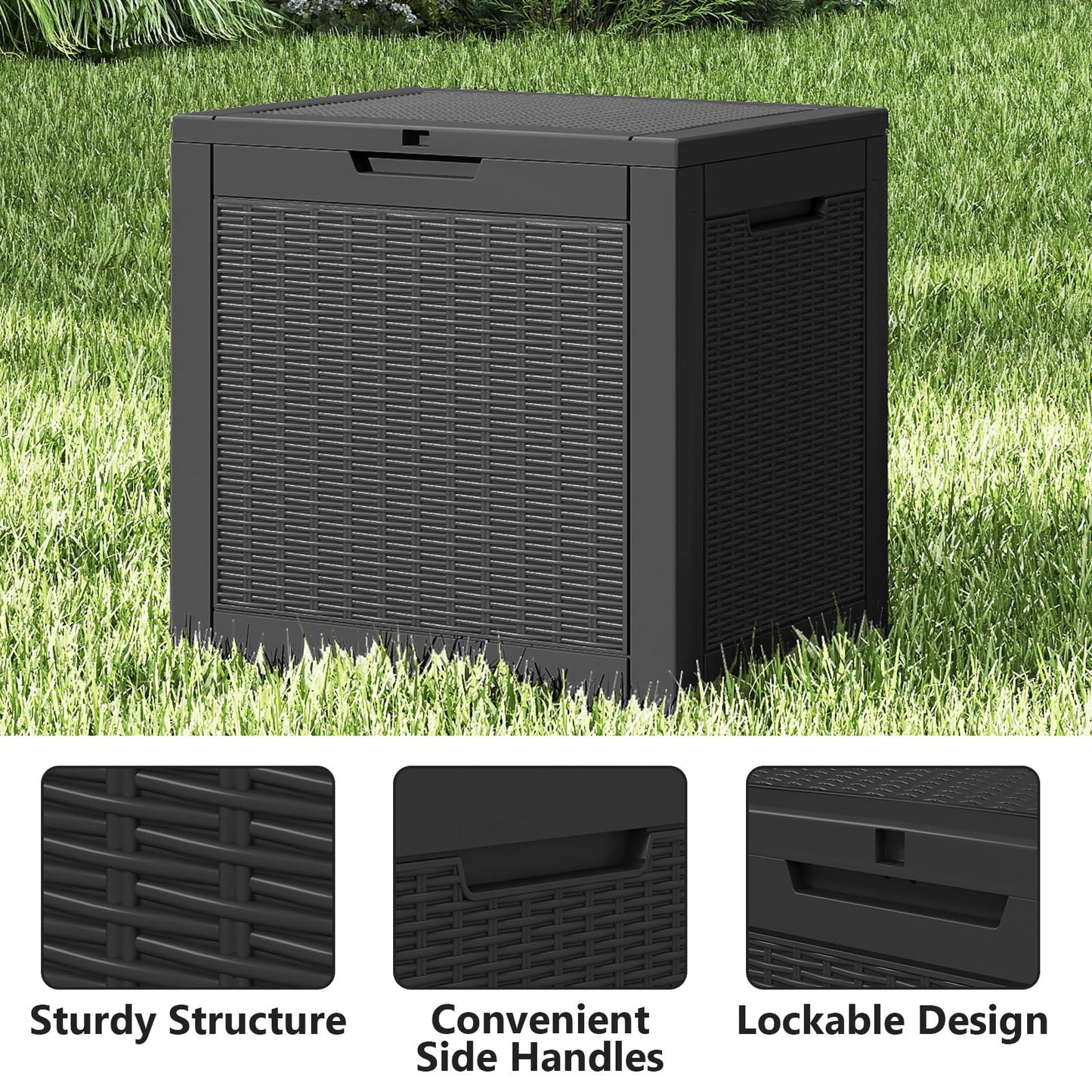 Ceecysaa Rattan-Style 30 Gallon Deck Box Outdoor, Waterproof Storage Box, Black Ceecysaa