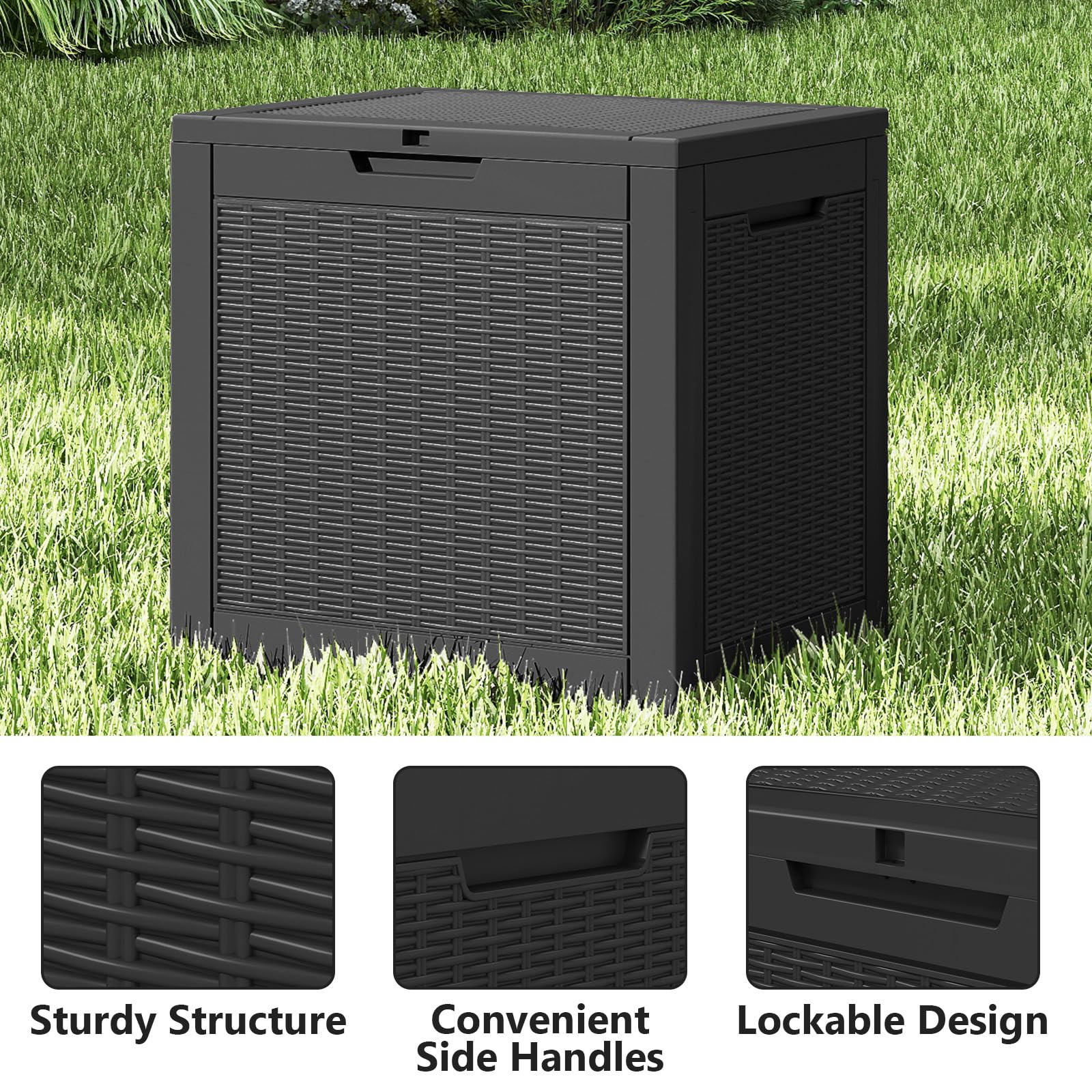 Ceecysaa Rattan-Style 30 Gallon Deck Box Outdoor, Waterproof Storage Box, Black Ceecysaa