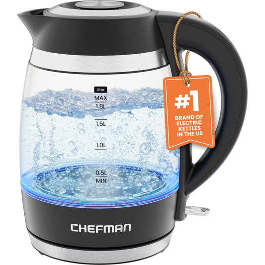 Chefman Electric Kettle, 1.8L 1500W, Hot Water Boiler, Removable Lid for Easy Cleaning, Auto Shut Off, Boil-Dry Protection, Stainless Steel Filter, BPA Free, Borosilicate Glass Electric Tea Kettle - Available at All In One Marketplace Canada