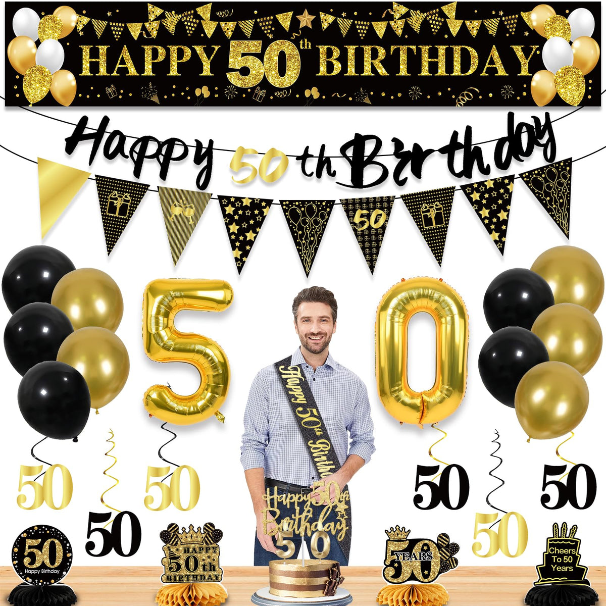 50th Birthday Decorations for Men, Black Gold 50th Party Decoration Set 🍁 All In One Marketplace Canada