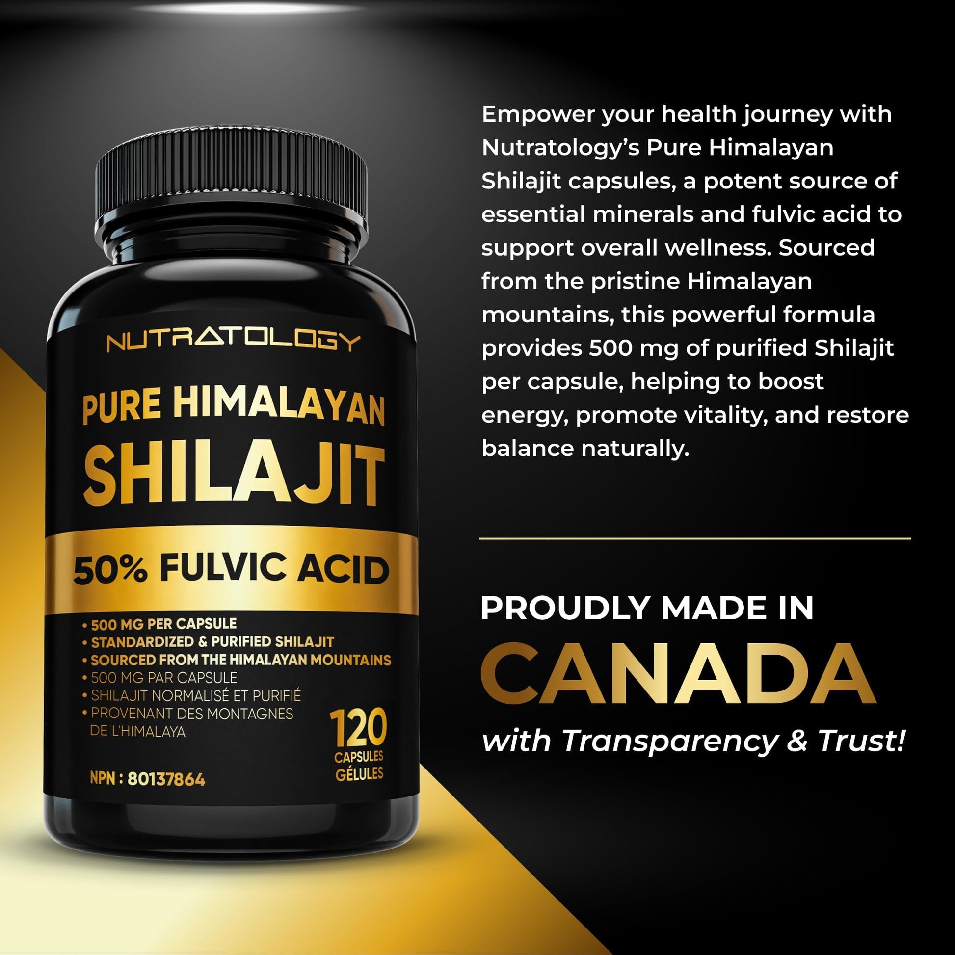 Nutratology® Pure Shilajit Capsules | 50% Fulvic Acid | High Potency & Purity - Sourced from the Himalayan Mountains - Shilajit for Men & Women - 120 Count - Available at All In One Marketplace Canada