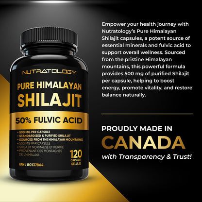 Nutratology® Pure Shilajit Capsules | 50% Fulvic Acid | High Potency & Purity - Sourced from the Himalayan Mountains - Shilajit for Men & Women - 120 Count - Available at All In One Marketplace Canada