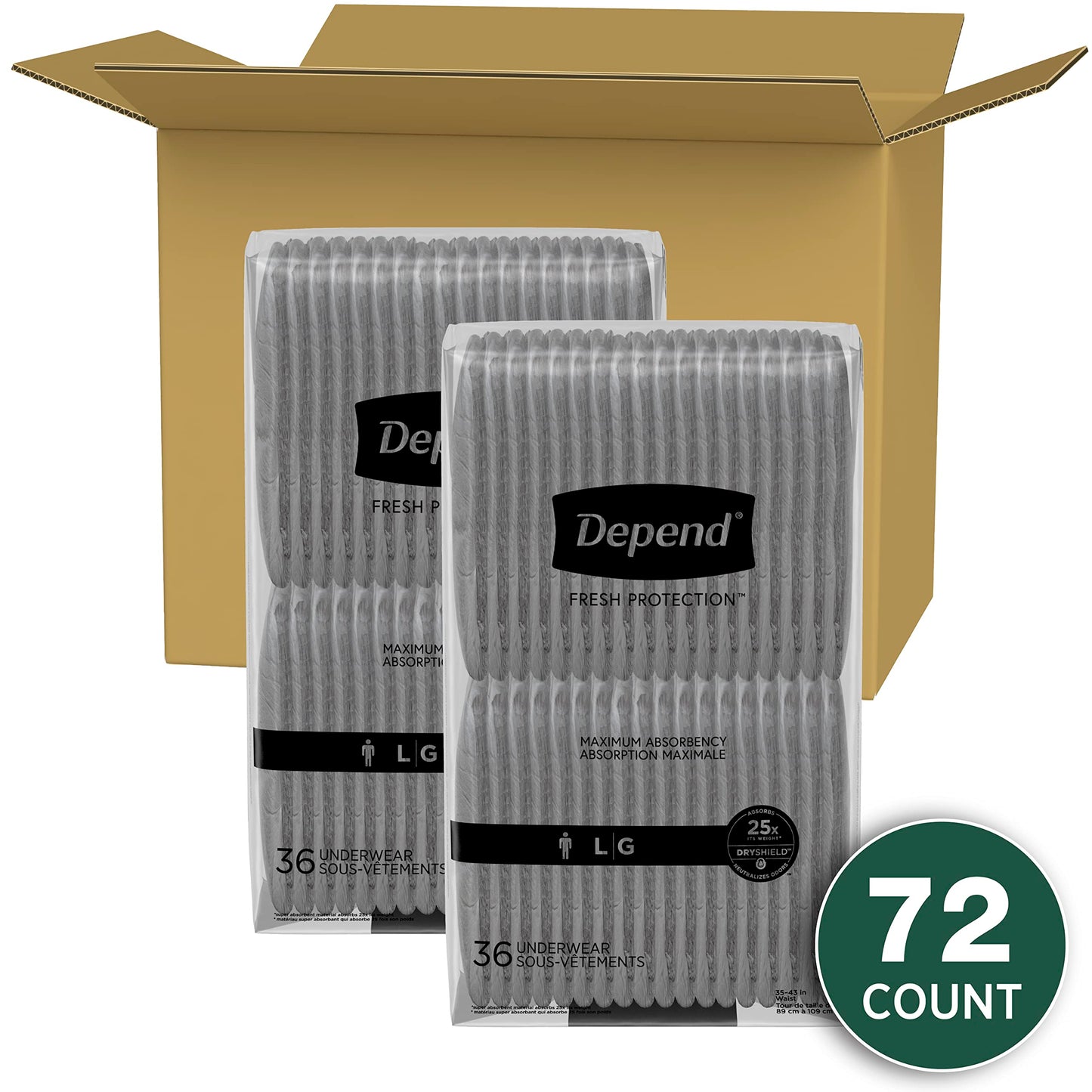 Depend Fresh Protection Adult Incontinence Underwear for Men (Formerly Depend Fit-Flex), Disposable, Maximum, Large, Grey, 72 Count (2 Packs of 36)