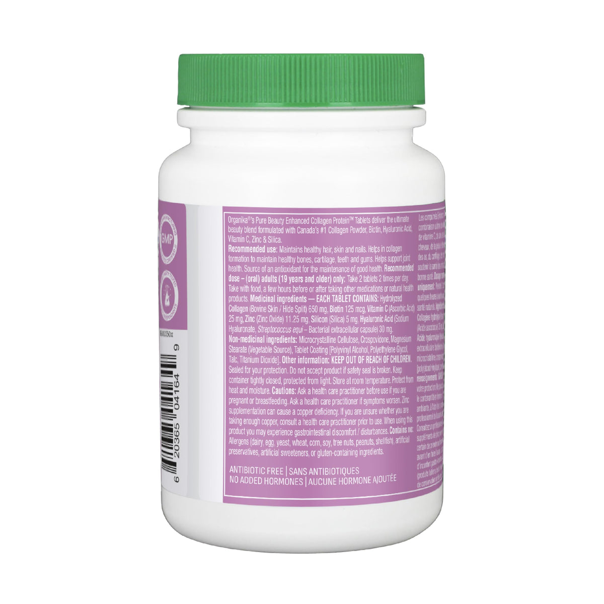 Organika Canadian-Made Enhanced Collagen Pure Beauty Tablets - Combination of Collagen (2600mg), Biotin (125mcg), Hyaluronic Acid, Vitamin C, Zinc, and Silica- 120tabs