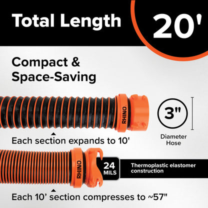 Camco 21012 RhinoEXTREME 20ft RV Sewer Hose Kit | Includes Swivel Fitting and Translucent Elbow with 4-in-1 Dump Station Fitting | Storage Caps Included Camco