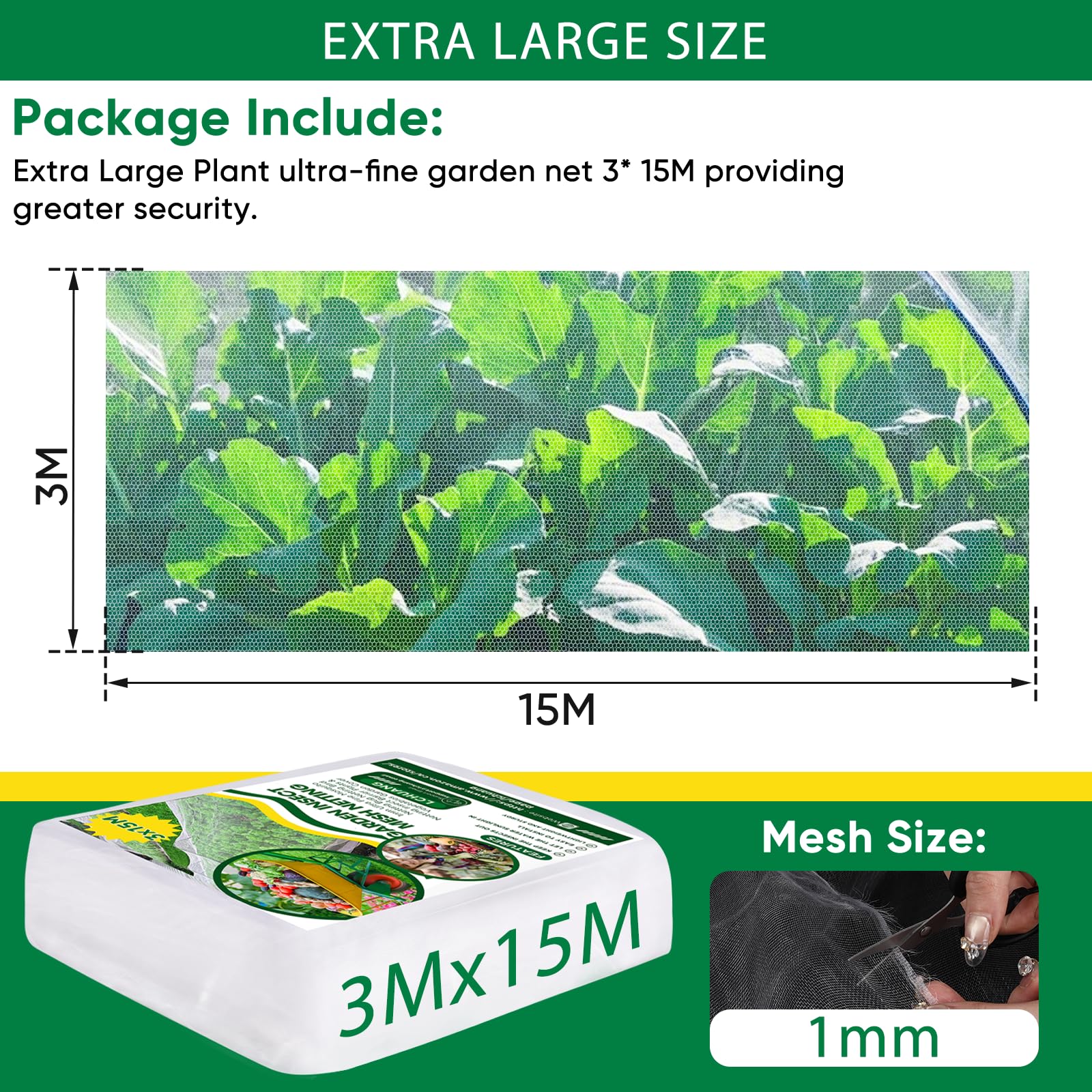 Ultra Fine Insect Mesh Garden Netting 3M x 15M, Extra Large Insect & Bird Barrier Netting, Crop Protection Plants Netting for Vegetables, Fruit Trees, Greenhouse, Customizable Plant Cover Protection - Available at All In One Marketplace Canada