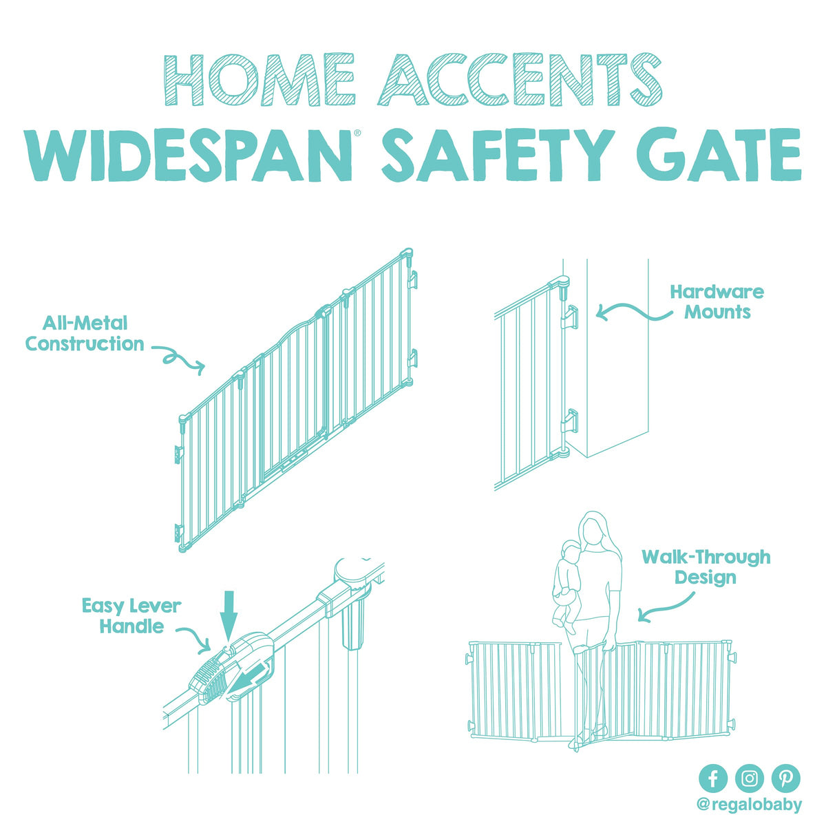 Regalo Deluxe Home Accents Widespan 74.5-Inch-Wide Adjustable Safety Gate, Award Winning Brand, 28-Inches Tall, Includes 4 Wall Mounts, Black