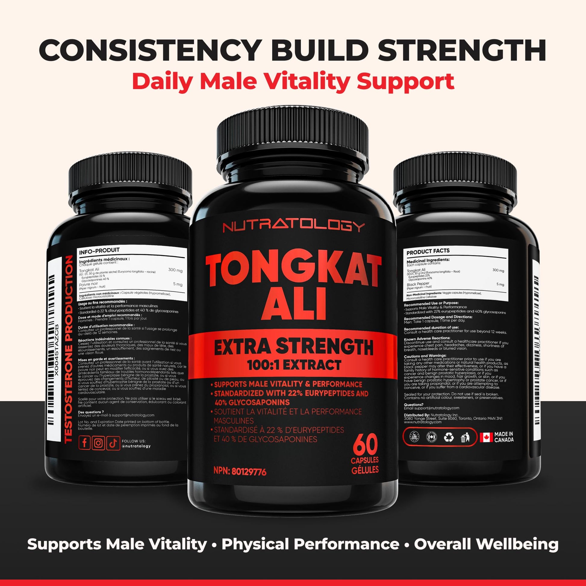 Nutratology® Tongkat Ali Supplement For Men | Canadian Made | 100:1 Extra Strength Tongkat Ali Extract + Black Pepper | Supports Male Vitality & Performance | 60 Capsules - Available at All In One Marketplace Canada