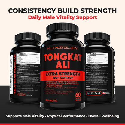 Nutratology® Tongkat Ali Supplement For Men | Canadian Made | 100:1 Extra Strength Tongkat Ali Extract + Black Pepper | Supports Male Vitality & Performance | 60 Capsules - Available at All In One Marketplace Canada