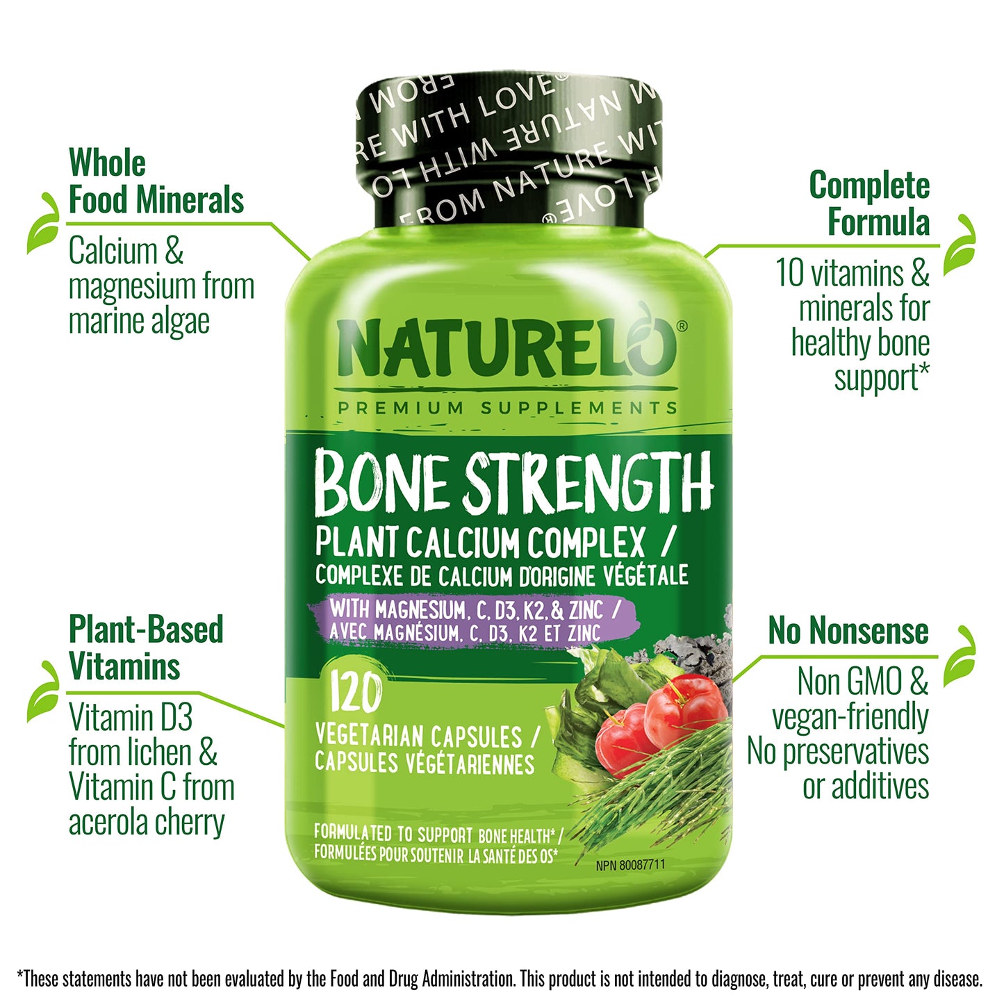 NATURELO Calcium Supplement with Vitamin C, D3, K2, Magnesium & Zinc for Bone Strength, 120 Vegetarian Capsules, with Plant-Based Calcium 600mg, Non-GMO, Soy & Gluten-Free - Available at All In One Marketplace Canada