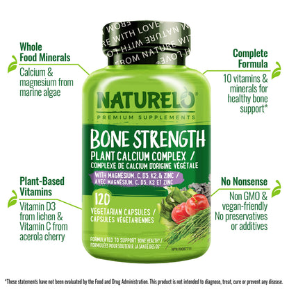 NATURELO Calcium Supplement with Vitamin C, D3, K2, Magnesium & Zinc for Bone Strength, 120 Vegetarian Capsules, with Plant-Based Calcium 600mg, Non-GMO, Soy & Gluten-Free - Available at All In One Marketplace Canada