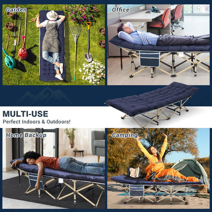 Overmont Camping Cot with Cushion - 28” Extra Wide Folding Cots for Adults Load 550 LBS with Carry Bag - Double Layer 2400D Oxford Sleeping Bed for Outdoor Travel Home Office Nap OVERMONT
