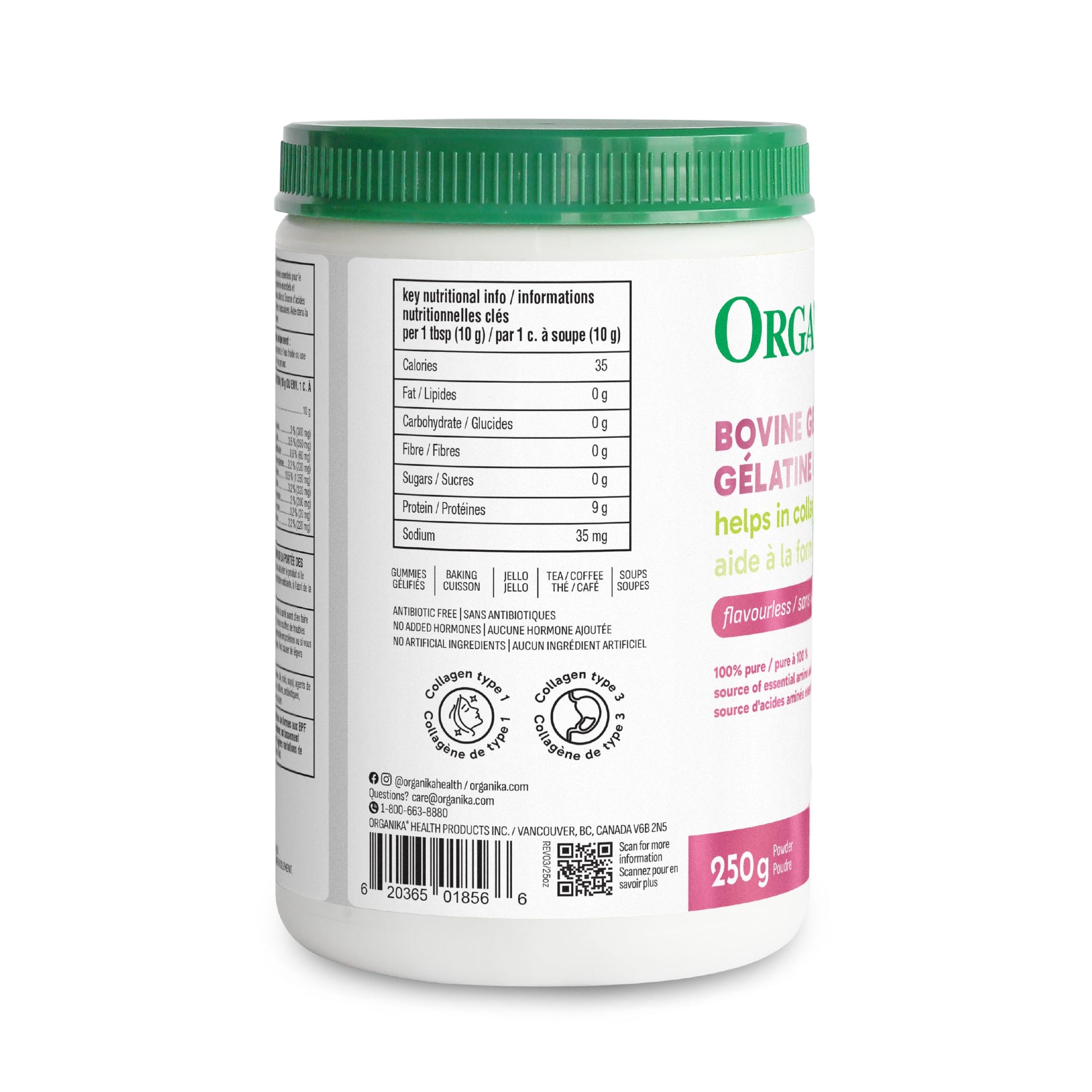 Organika Canadian-Made Bovine Gelatin (Unflavoured) - Collagen With 18 Amino Acids for Healthier Skin, Hair, Bones and Gut | Grass-Fed Source - 250g - Available at All In One Marketplace Canada